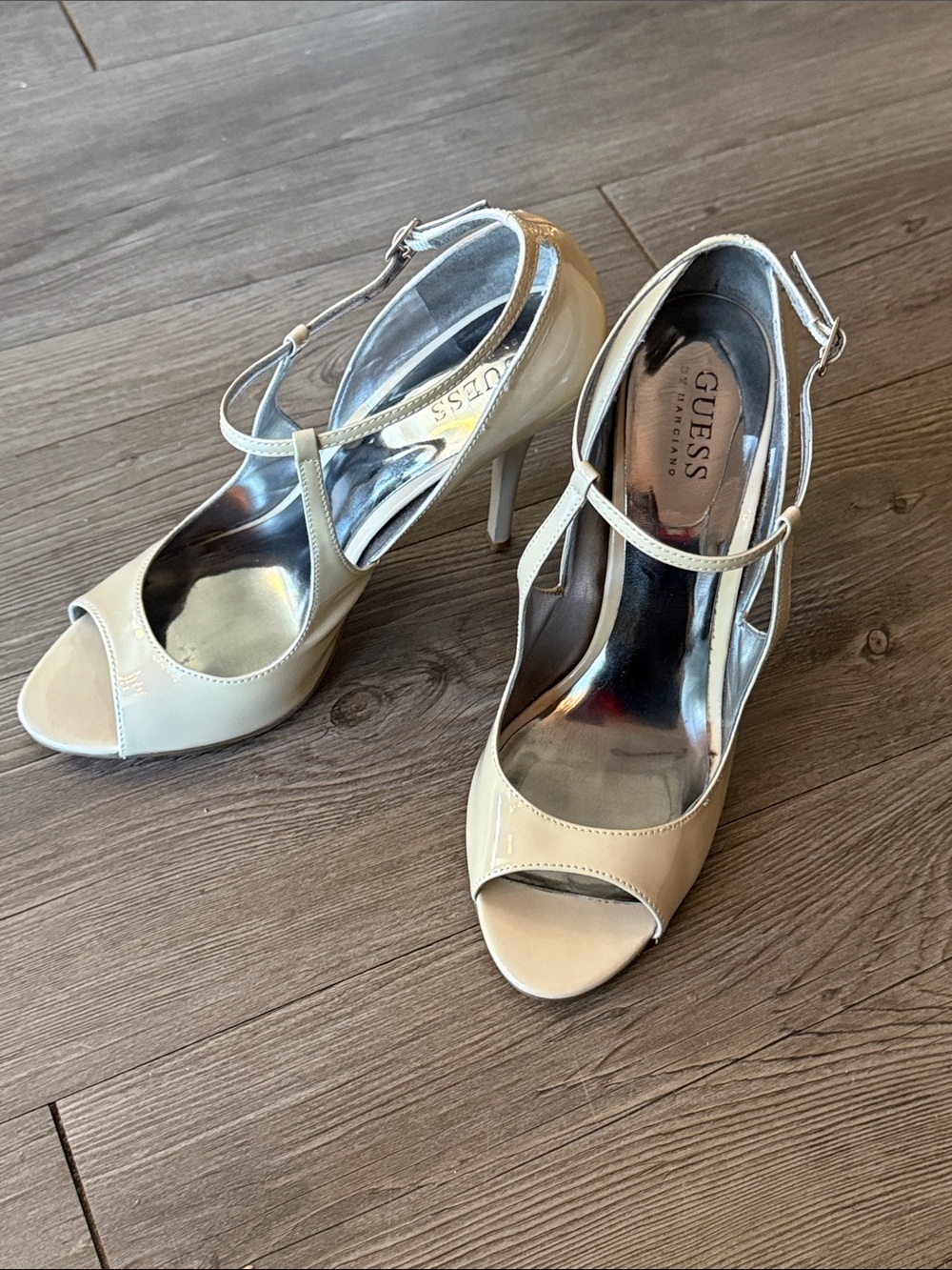 GUESS Cream Patent Peep-Toe T-Strap Heels
